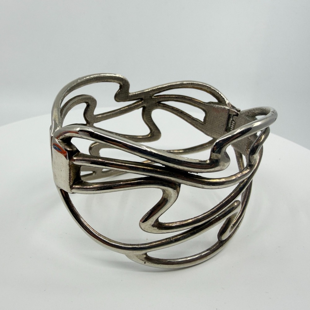 Silver Tone Abstract Wave Cuff Bracelet Modern Statement Geometric Layering Gift